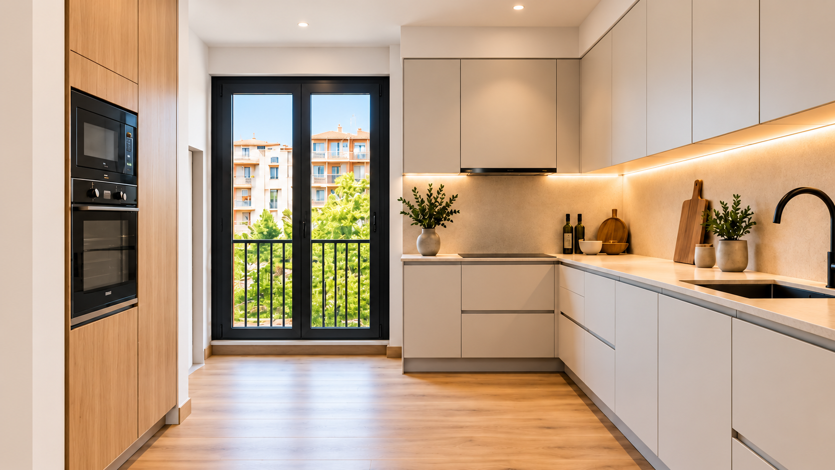 Cocina moderna luminosa con horno y microondas integrados, sin salón comedor